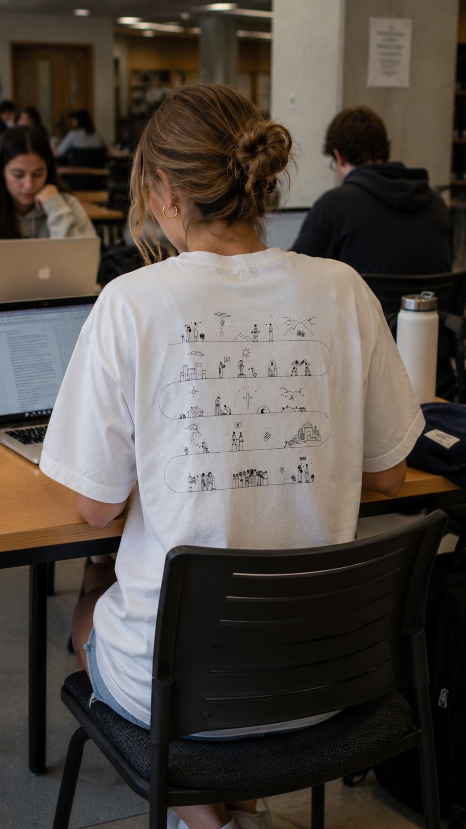 Bibel-Storyline T-Shirt 2026 – Frau im weißen Oversize-Shirt beim Bibelstudium am Schreibtisch | Bibel-Storyline T-Shirt 2026 – woman in white oversized shirt studying the Bible at a desk