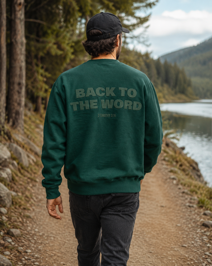 Christlicher Sweater „Back to the Word" – Rückansicht am Bergsee mit 2. Timotheus 3,16 Print | Christian sweater "Back to the Word" – back view by a mountain lake with 2 Timothy 3:16 print