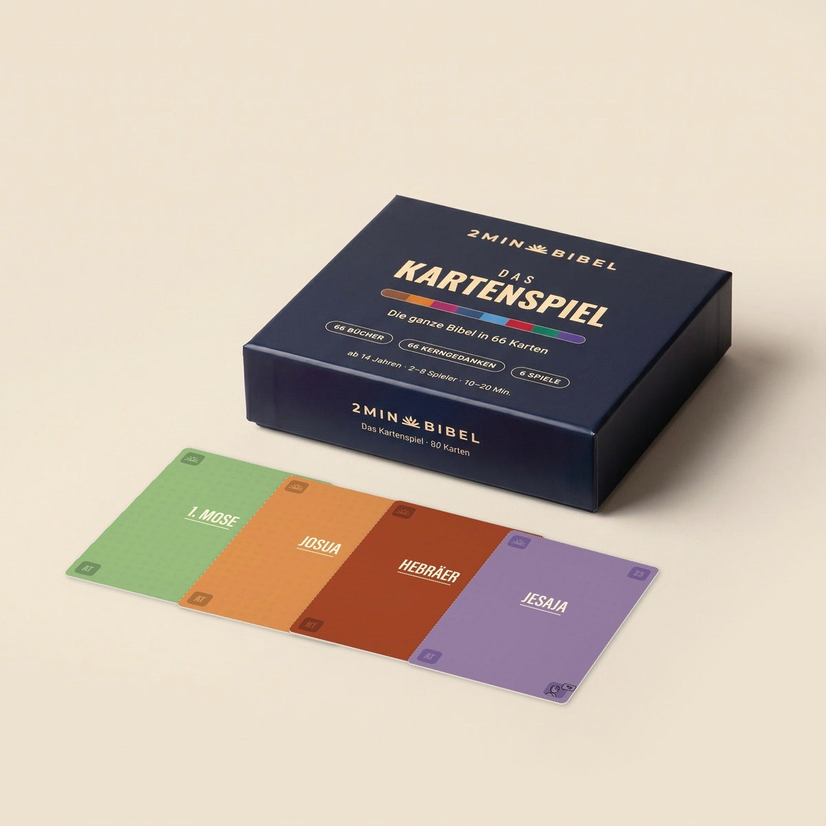 2minBibel-Kartenspiel mit Schachtel und Buchkarten (KI-Visualisierung, Kartendesign: Entwurf)