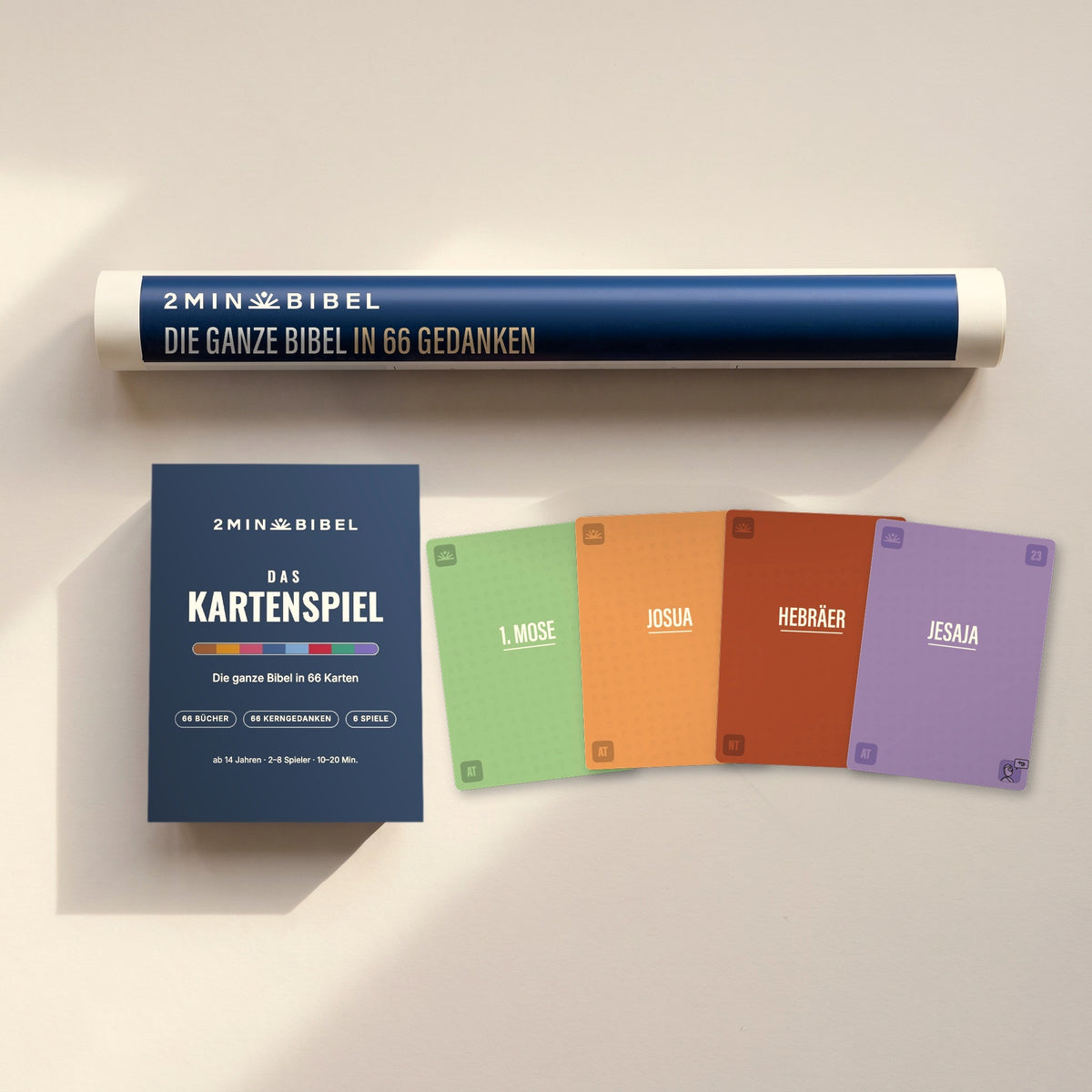 2minBibel-Kartenspiel: Schachtel, Buchkarten 1. Mose, Josua, Hebräer, Jesaja und Poster A2 (KI-Visualisierung, Kartendesign: Entwurf)