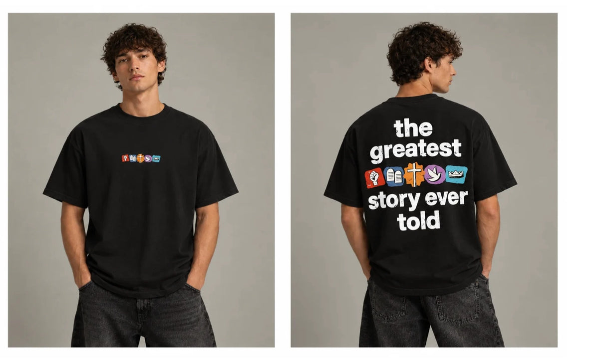 T-Shirt The Greatest Story, schwarz mit bunten Symbolen, vorne und hinten (Visualisierung)