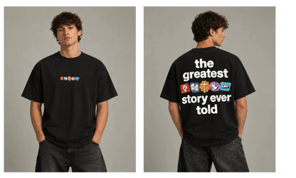 T-Shirt The Greatest Story, schwarz mit bunten Symbolen, vorne und hinten (Visualisierung)