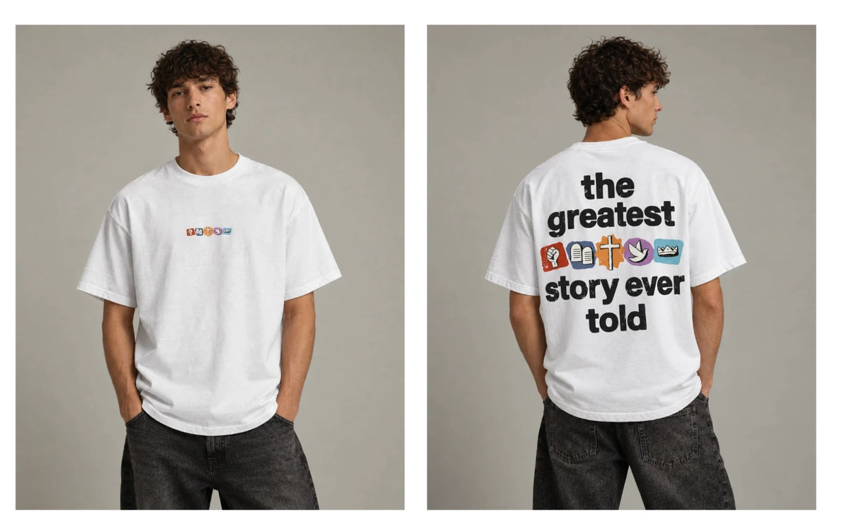 T-Shirt The Greatest Story, weiß mit bunten Symbolen, vorne und hinten (Visualisierung)