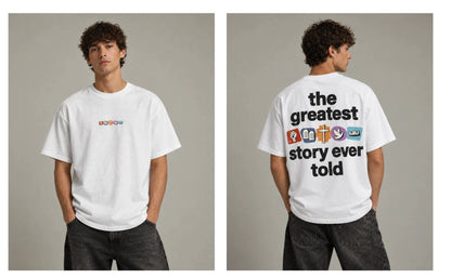 T-Shirt The Greatest Story, weiß mit bunten Symbolen, vorne und hinten (Visualisierung)