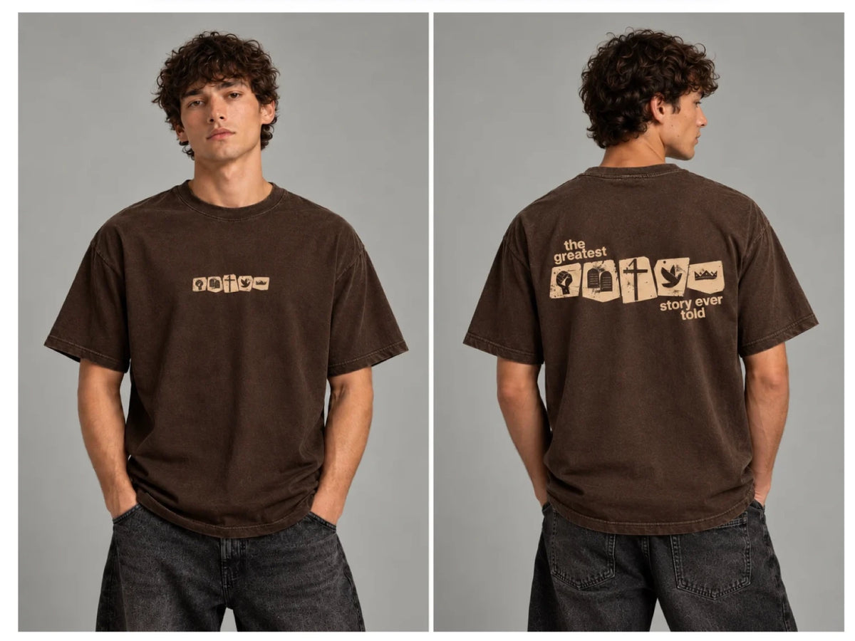 T-Shirt The Greatest Story, braun washed mit Stempel-Symbolen, vorne und hinten (Visualisierung)