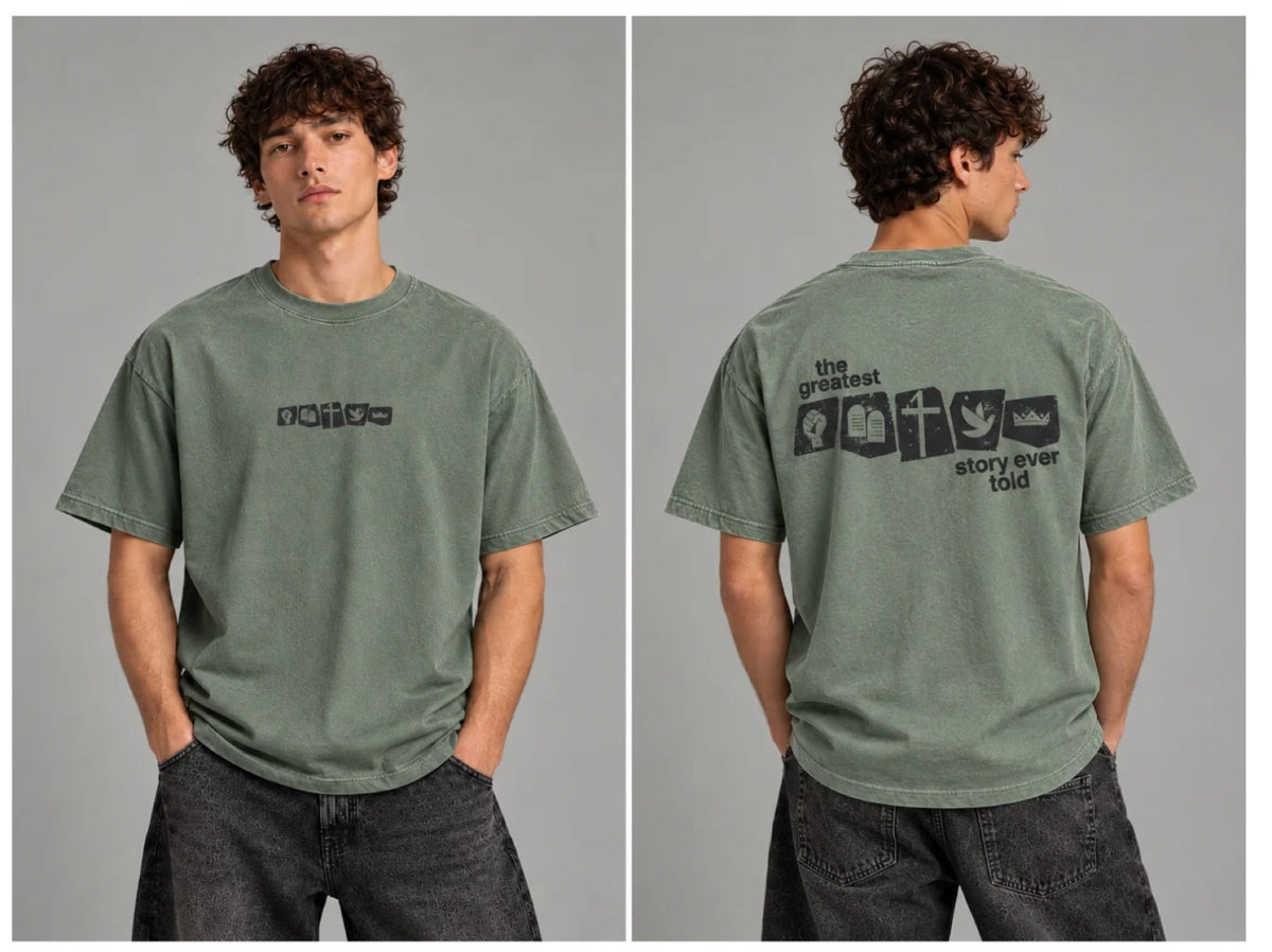 T-Shirt The Greatest Story, grün washed mit Stempel-Symbolen, vorne und hinten (Visualisierung)