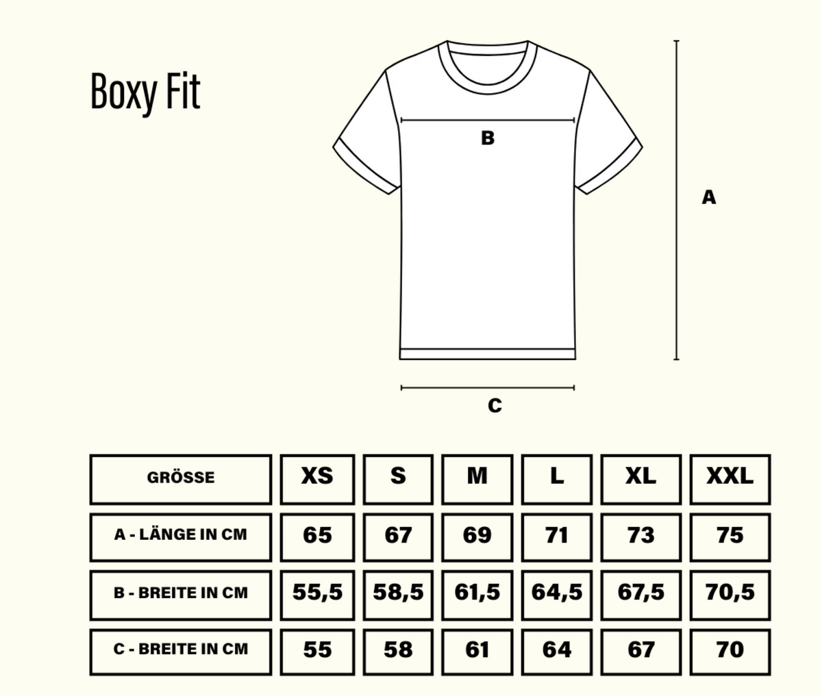Maßtabelle T-Shirt Boxy Fit, XS bis 2XL
