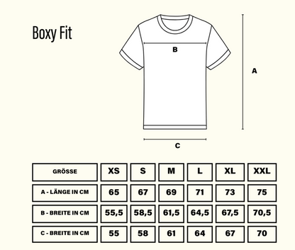Maßtabelle T-Shirt Boxy Fit, XS bis 2XL